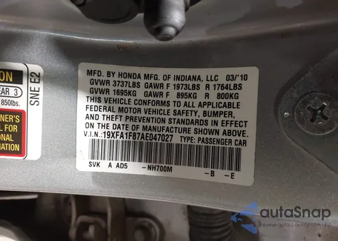 2010 Honda Civic Ex z USA, uszkodzony, nr VIN 19XFA1F87AE047027